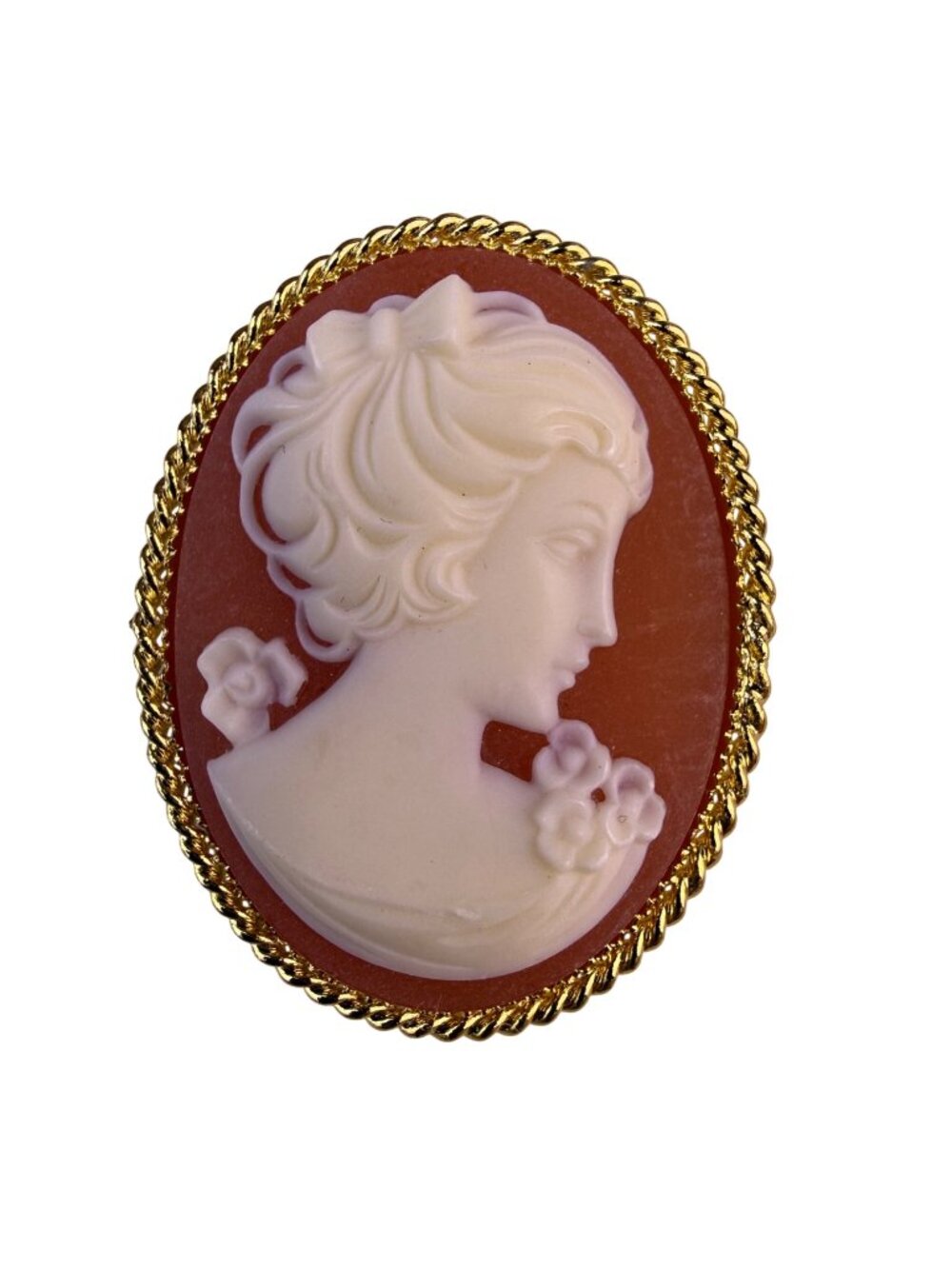 Vintage Unknown Red & White Resin Cameo Brooch Gold-Tone Frame Oval